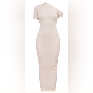 PrettyLittleThing Cream Ribbed Asymmetric Neck Maxi Dress size 24/26